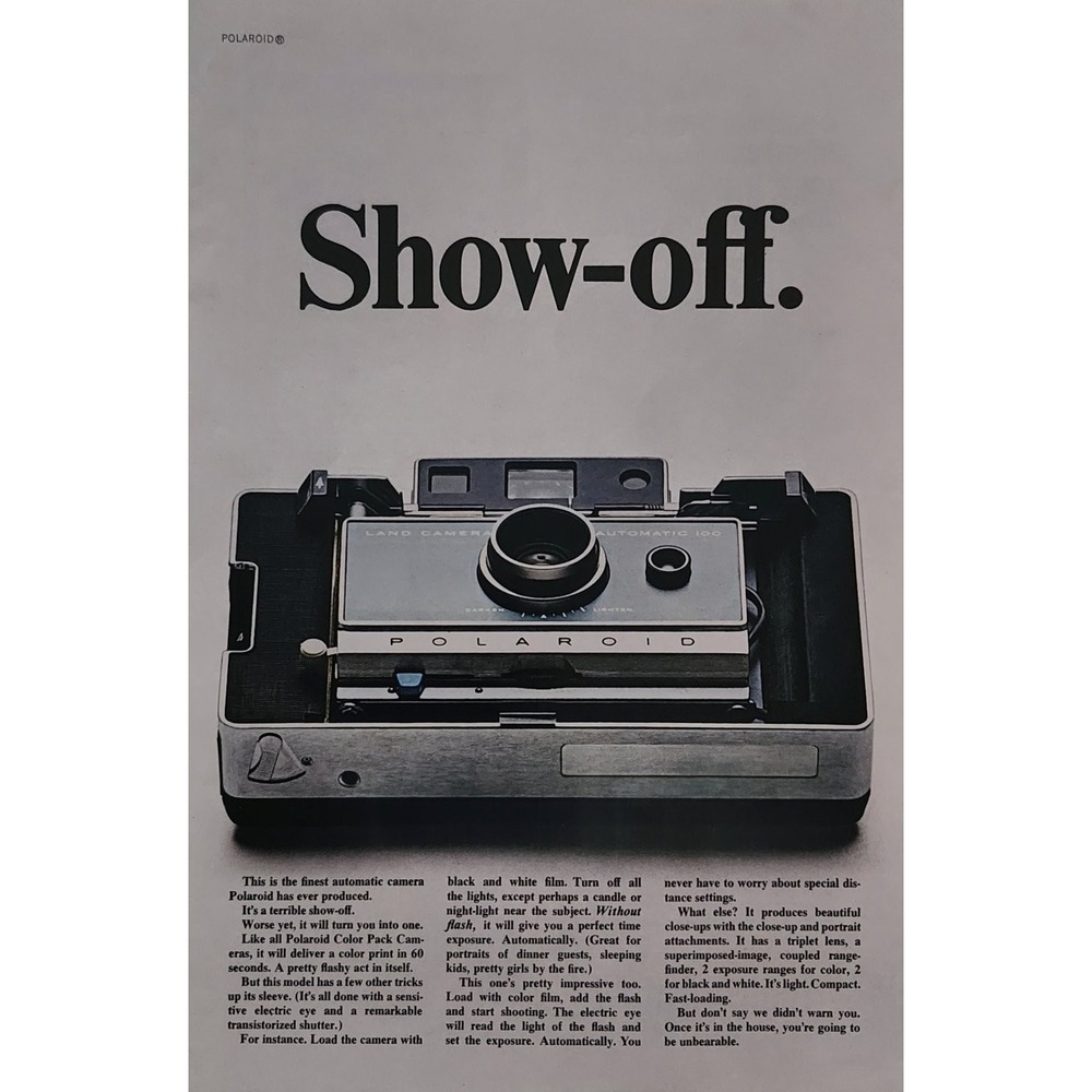 Vintage 1966 Polaroid Land Camera Automatic 100 Print Ad Show-off MCM Art